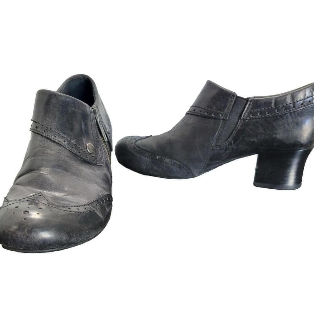 Born Ankle Boots Womens 7.5 Black Sia Wingtip Zip Almond Toe Block Leather